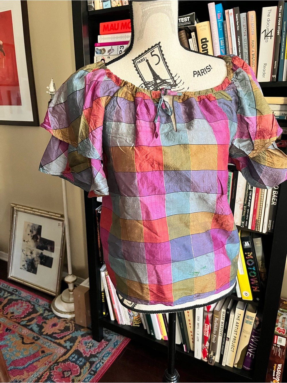 Vintage Silk Multicolour Checkered Women's Top